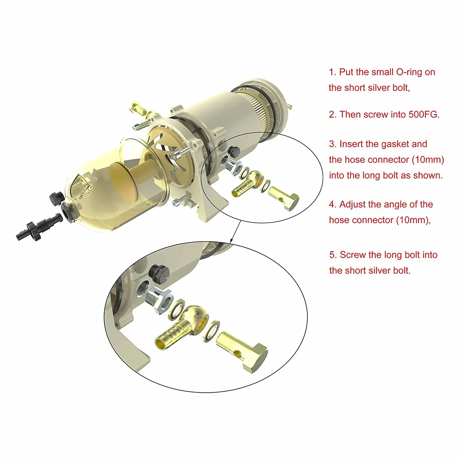 Fuel Water Separator Filter for 500FG 500FH 60GPH Diesel Marine Boat Engine Truck Engine 30 Micron With Rotatable Hose Connector