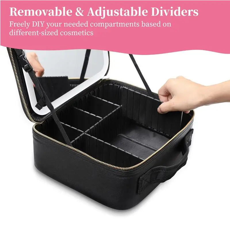 Travel Makeup Case With Lighted Mirror Cosmetic Storage Travel Bag Cosmetic Artist Organizer With Light-Up Mirror PU Makeup Bag