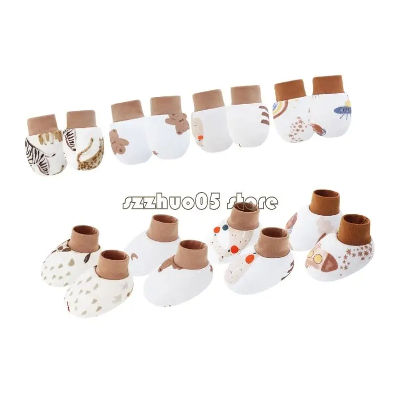 M3GE 4 مجموعة قفازات قطنية للأطفال مقاومة للخدش مع جوارب للرضع الأولاد والبنات