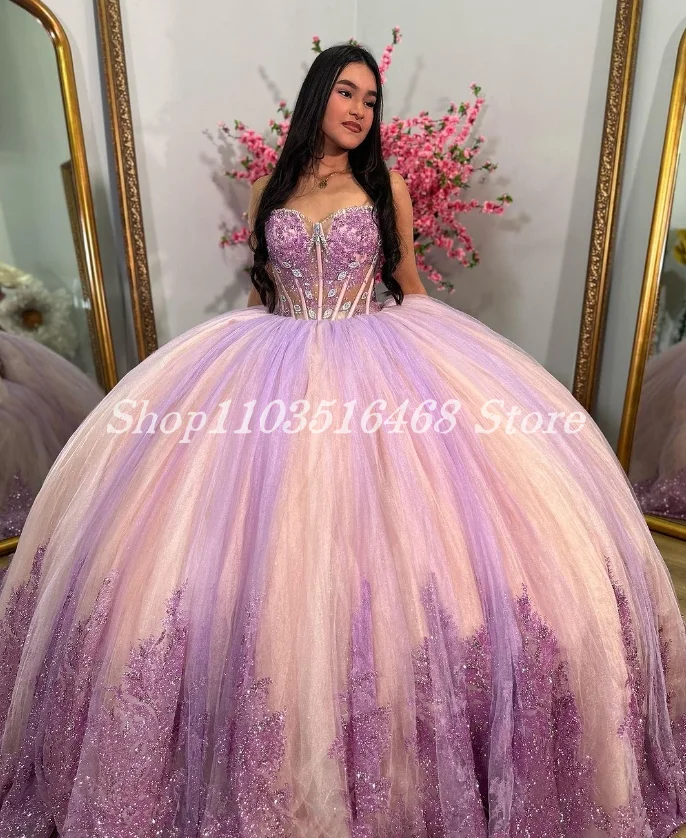 Funkelnde süße Zug 15 Quince anera lila wunderschöne süße Prinzessin eingelegte Pailletten Kristall Spitze Vestidos de 15 Años Quinceañeras