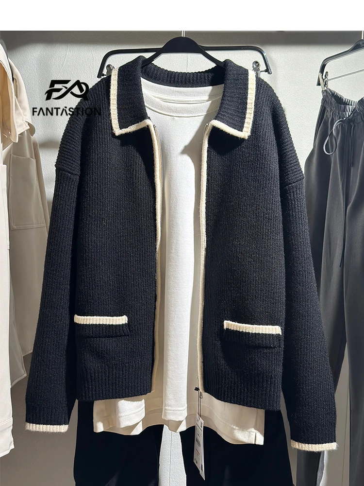 

Мужской кардиган FANTASTION: приталенный вязаный свитер-пальто с отложным воротником, на молнии, трикотажные изделия, топы