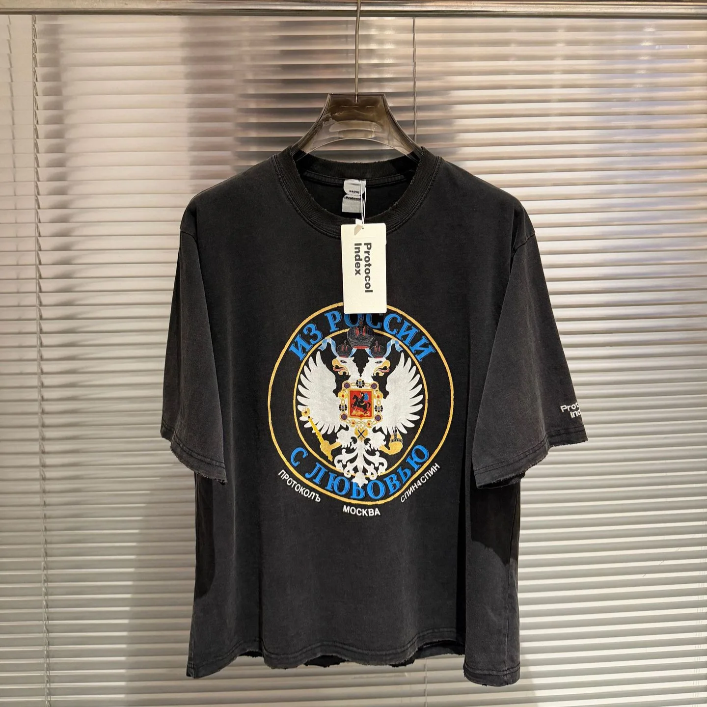 Protocol index - Russian style double-headed eagle washed and distressed denim short sleeve shirt