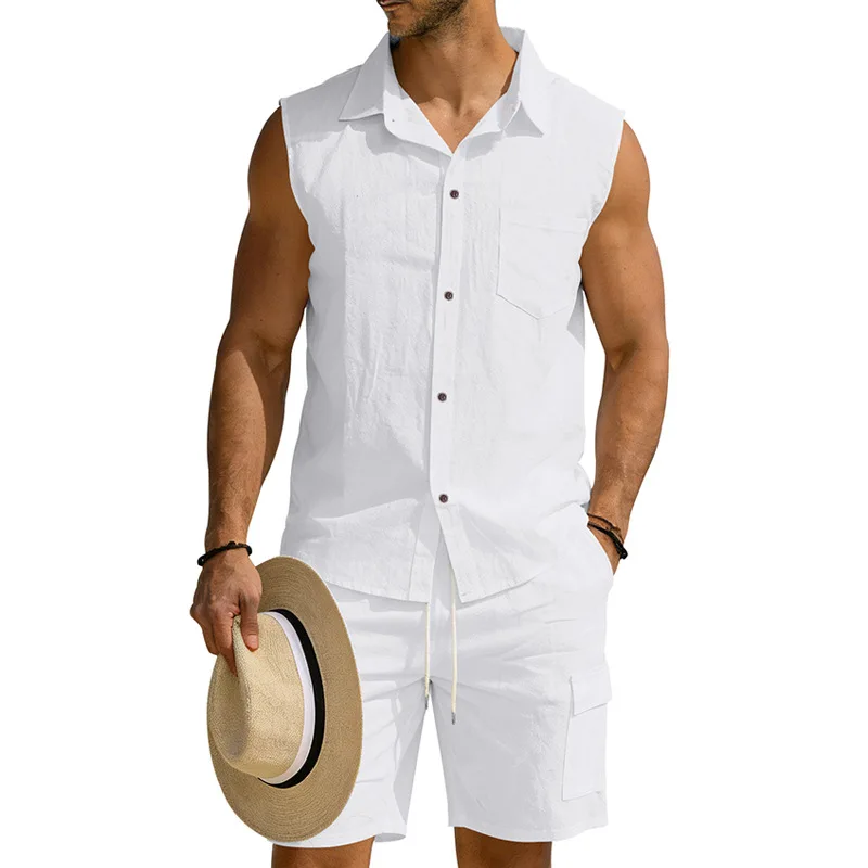 

American loose linen men's casual breathable summer lapel sleeveless shirt tooling shorts set
