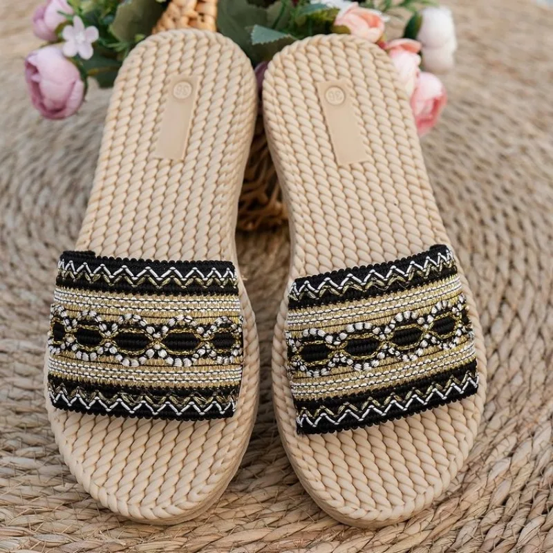 Women's Outdoor Flat Bohemian Ethnic Sandals with Tassels Large Size Beach Slides Casual Summer Walking Shoes