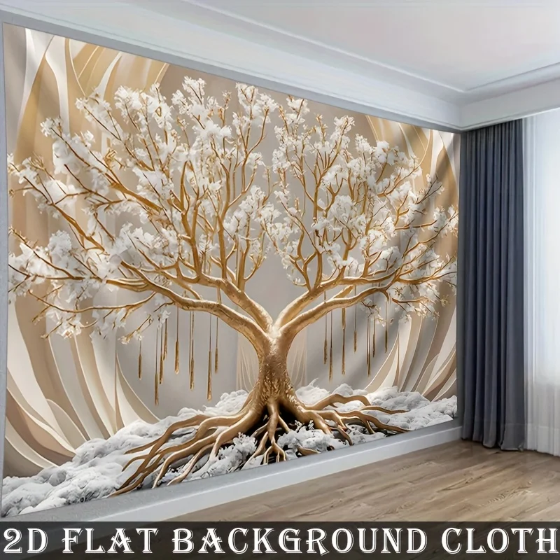 VIKAMA Luxury Golden Life Tree Tapestry Minimalist White Gold Tree Wall Hanging for Living Room Modern Home Decor
