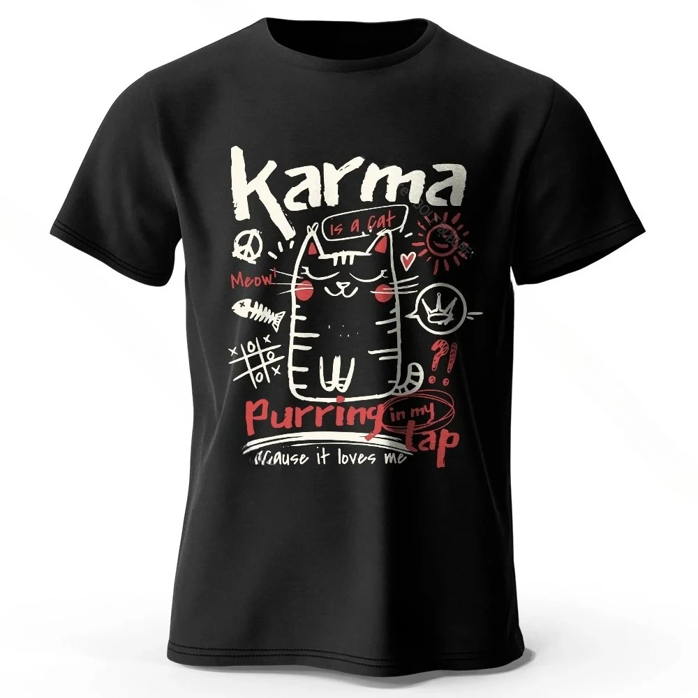Japanese Cat T-Shirt Organic Relaxed Fit Hand-painted Kitten Graphic Tee for Adults Kawaii Style Women Clothing Graphic T Shirts