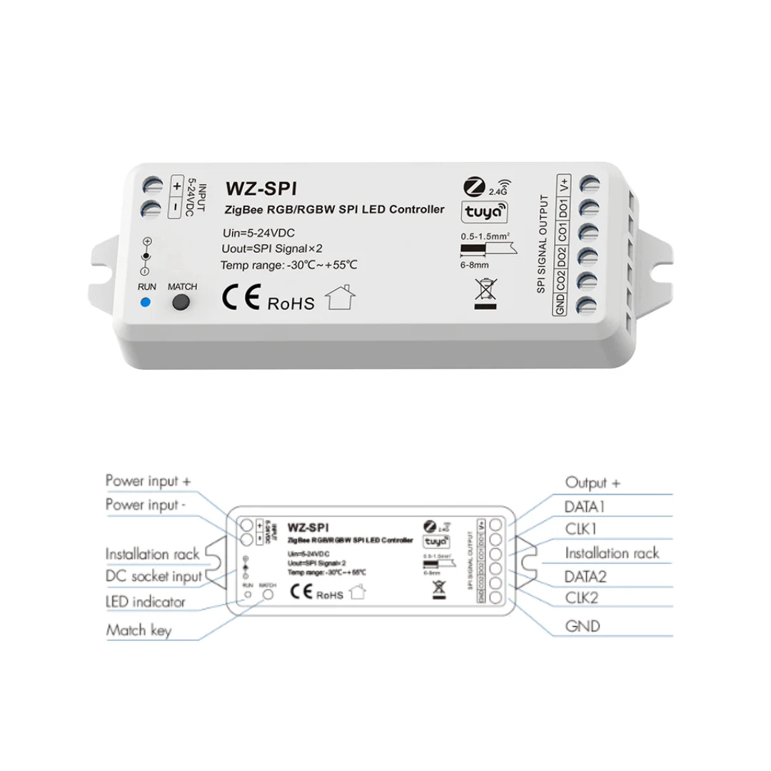 5V-24V Tuya Zigbee APP SPI LED Controller WZ-SPI Control 1000Pixel Led for WS2811 2812B SK6812 RGB/RGBW LED Strip Lamp SpotLight