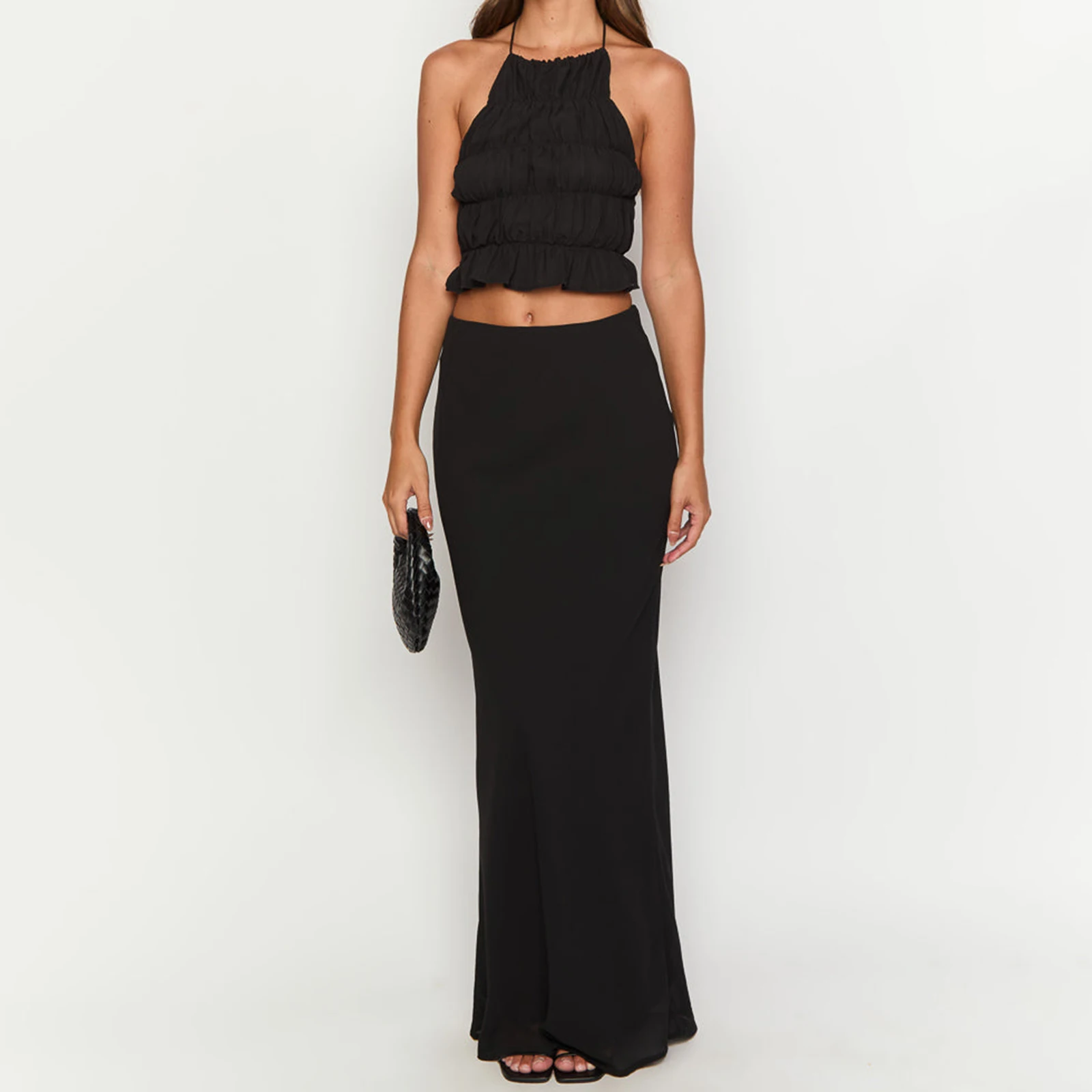 새로운 패션 투피스 스커트 세트 여성용 솔리드 컬러 스모크 홀터넥 민소매 크롭탑 슬림핏 롱 스커트 의상