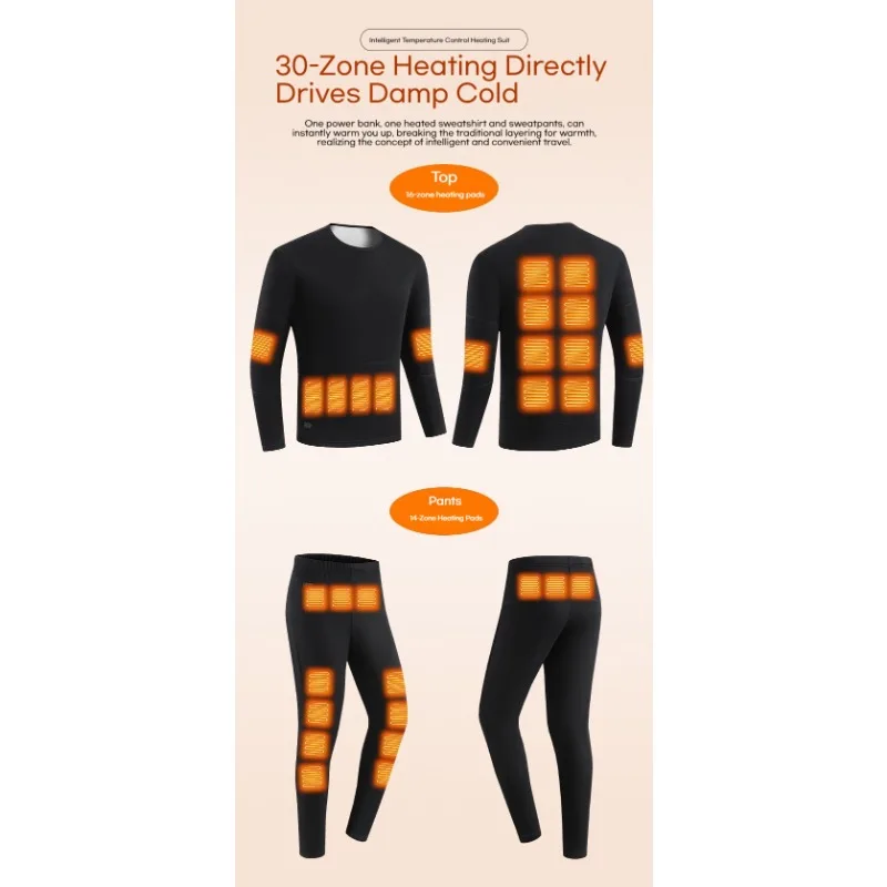 Winter Electric Heated Underwear 30 Heating Zones Thermal Underwear USB Electric Heating Fleece Thermal Jacket For Outdoor Ski