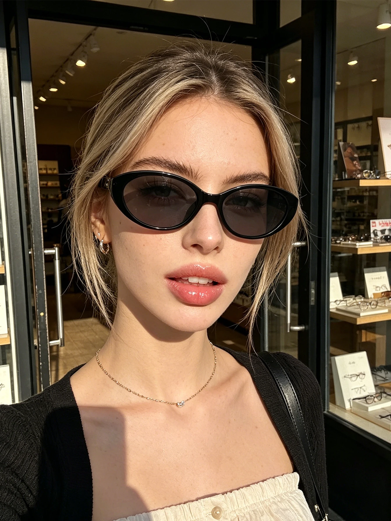 1 Stück hochwertige Cat-Eye-Sonnenbrille mit schwarzem Rahmen und dünnem Rand, modischer Y2K-Stil, gleicher Stil für Männer und Frauen, UV-Schutz