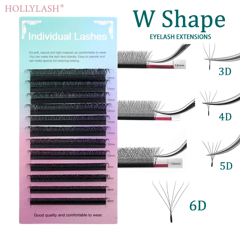 HOLLYLASH 3D/4D/5D/6D W Fake Eyelashes Premade Volume Fans 0.07mm C D Curl Eyelash Extensions Faux Mink Matte Lashes 6D W cilia