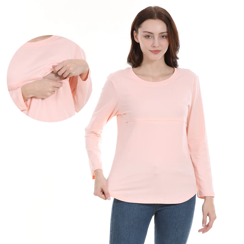 

Loose Maternity Clothes Tee O-Neck Long Sleeve Zipper Breastfeeding Tops for Pregnant Women Big Size Postpartum Nursing T Shirts