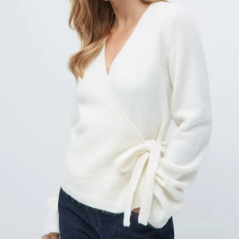 المرأة Y2k طويلة الأكمام التفاف متماسكة القمم الصلبة الخامس الرقبة الجانب التعادل سترة قمصان خفيفة الوزن مفتوحة الجبهة البلوز بالأزرار الشارع الشهير #4