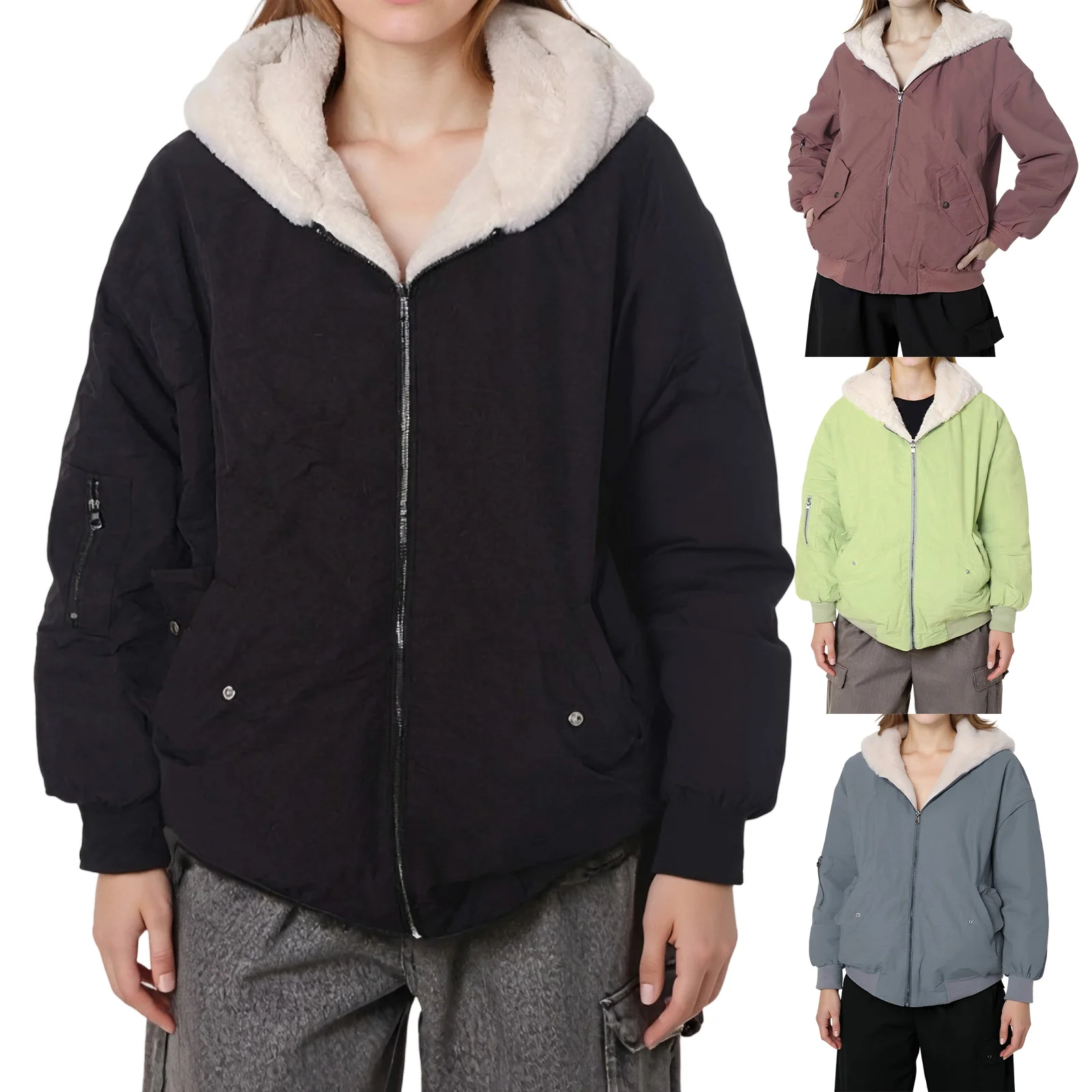 Classic Reversible Plush Lined Jacket Solid Color Long Sleeve Hooded Winter Coat with Faux Fur Collar for Women