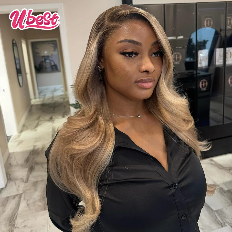 

Honey Blonde Brown Root Colored Body Wave 13x6 Lace Front Wigs Brazilian 100％ Human Hair Transparent 200 Density Wigs For Women