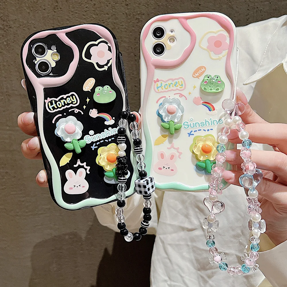 3D Flower Hang JOLanyard Soft Phone Case, iPhone 15 Pro Max 14 11 12 13 Pro Poly 8 7 Plus X XS Max SE 2020 2022, Corée Cover