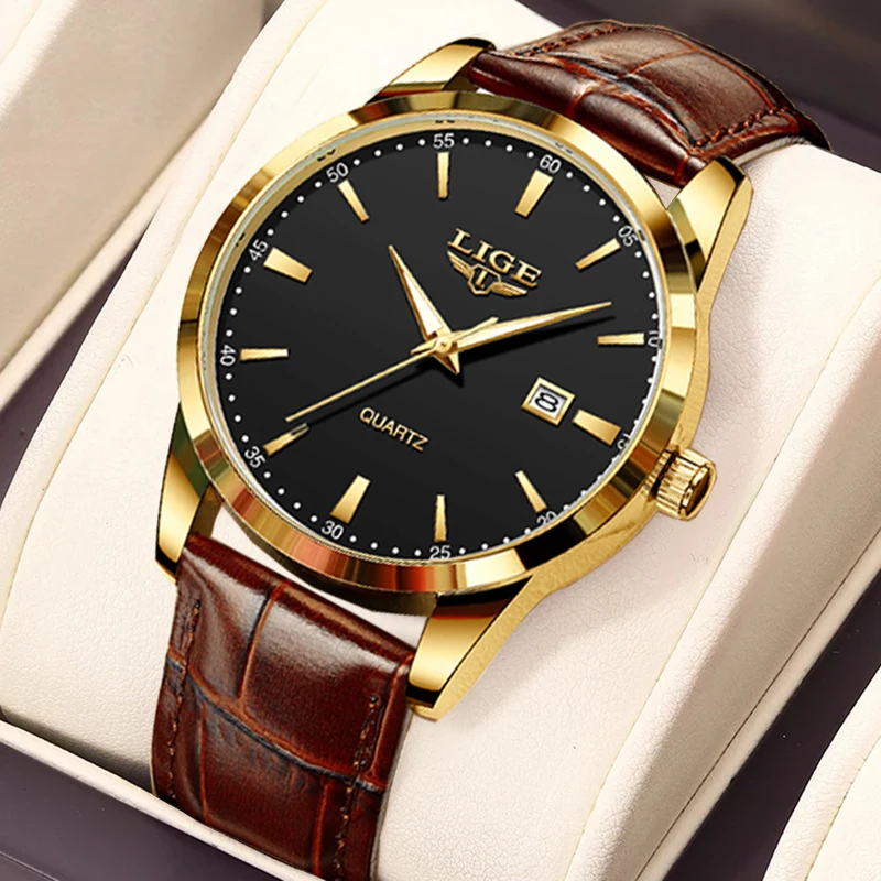 LIGE Classic Men\'s Watch Quartz Leather Strap Waterproof Man Wristwatches Business Casual Watches for Men Relogios Masculino+BOX