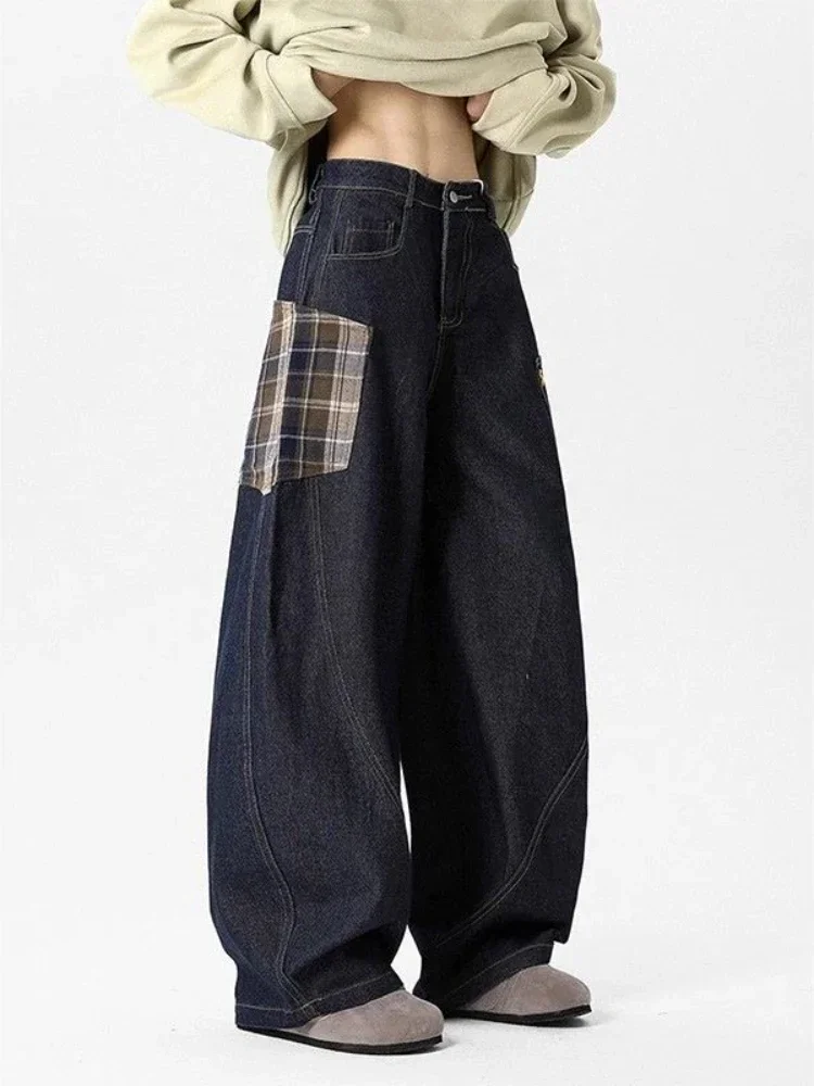 ADAgirl Retro Plaid Cargo Denim Pants Women Y2k Hip Hop Chic Loose Patchwork Kpop Zipper Wide Leg Jeans Harajuku Causal Bottoms