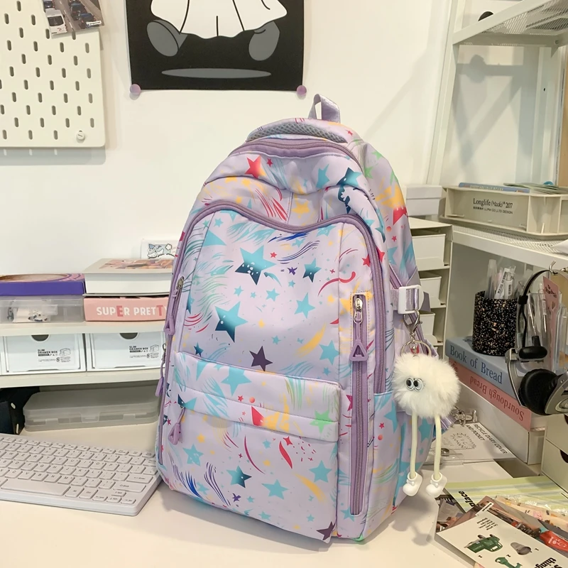 Colorful Star Print Nylon Backpacks Large Capacity High Quality Designer New Style Schoolbags for Women 2024 Casual Hot Sale