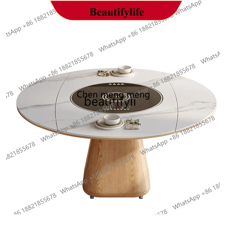 z183 Solid wood rock slab dining table with induction cooker folding telescopic square circle dual-purpose dining table and chai
