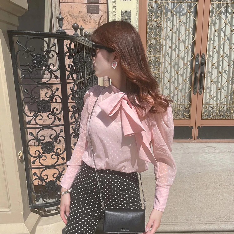

Japanese Wind New Autumn Winter Puff Long Sleeve Shirts Cute Lace-up Large Bow Pullover Top Elegant Lady Blouses Streetwear