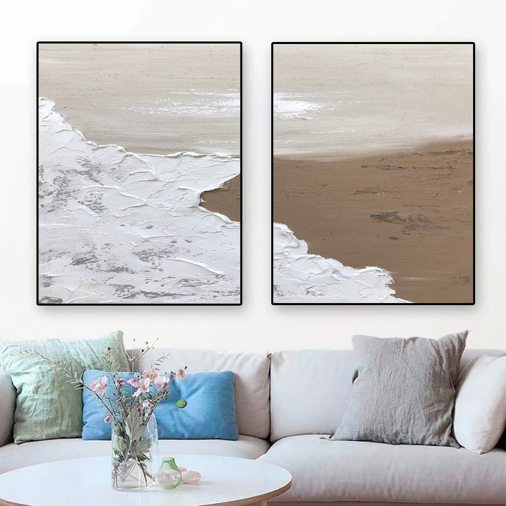 Beige Minimalist Abstract Painting Poster Beige And White Seascape Painting Texture Prints Wall Art For Home Living Room Decor