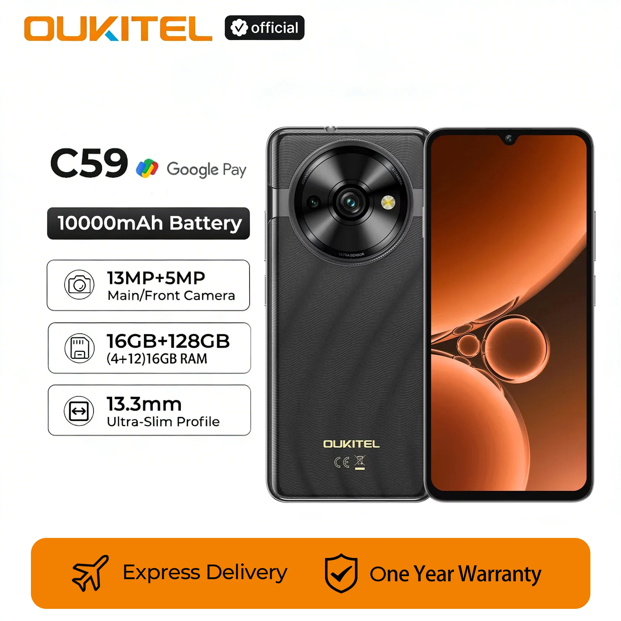 Oukitel C59 smartphone 10000mAh Battery 16GB+128GB 6.88"HD 90Hz Android 15 13.3nm 36mm Powerful Speaker cell phone