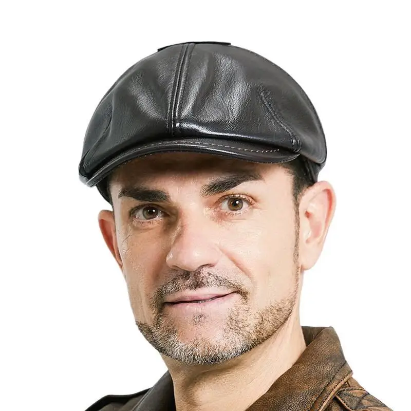 Men's Hat Octagonal Genuine Leather Beret Caps Middle-aged Elderly Casual Autumn Winter Fashion Worker Painter Cap