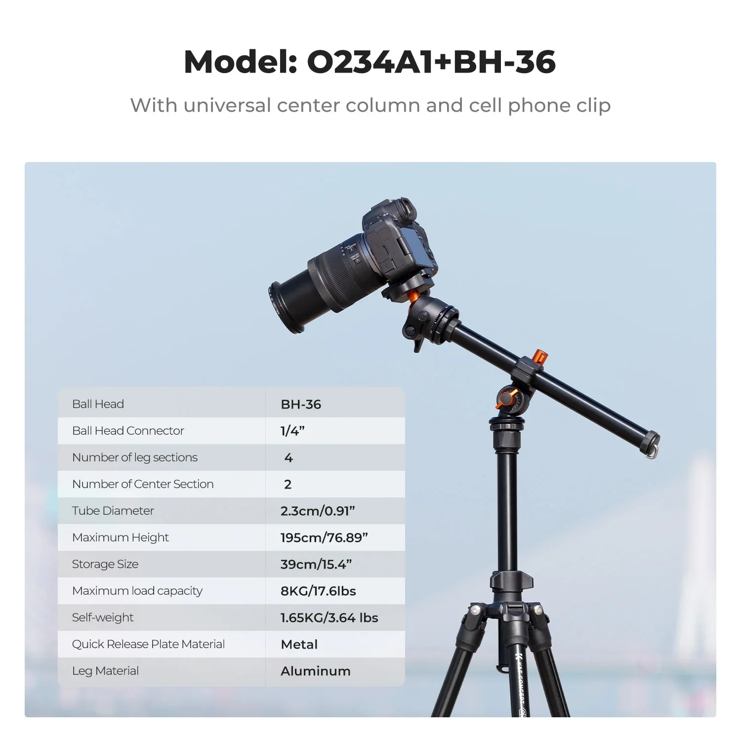 K&F CONCEPT 76 inch Camera Tripod Rotatable Multi-Angle Center Column 8kg/17.6lb Load New Lightweight Travel Outdoor DSLR Tripod
