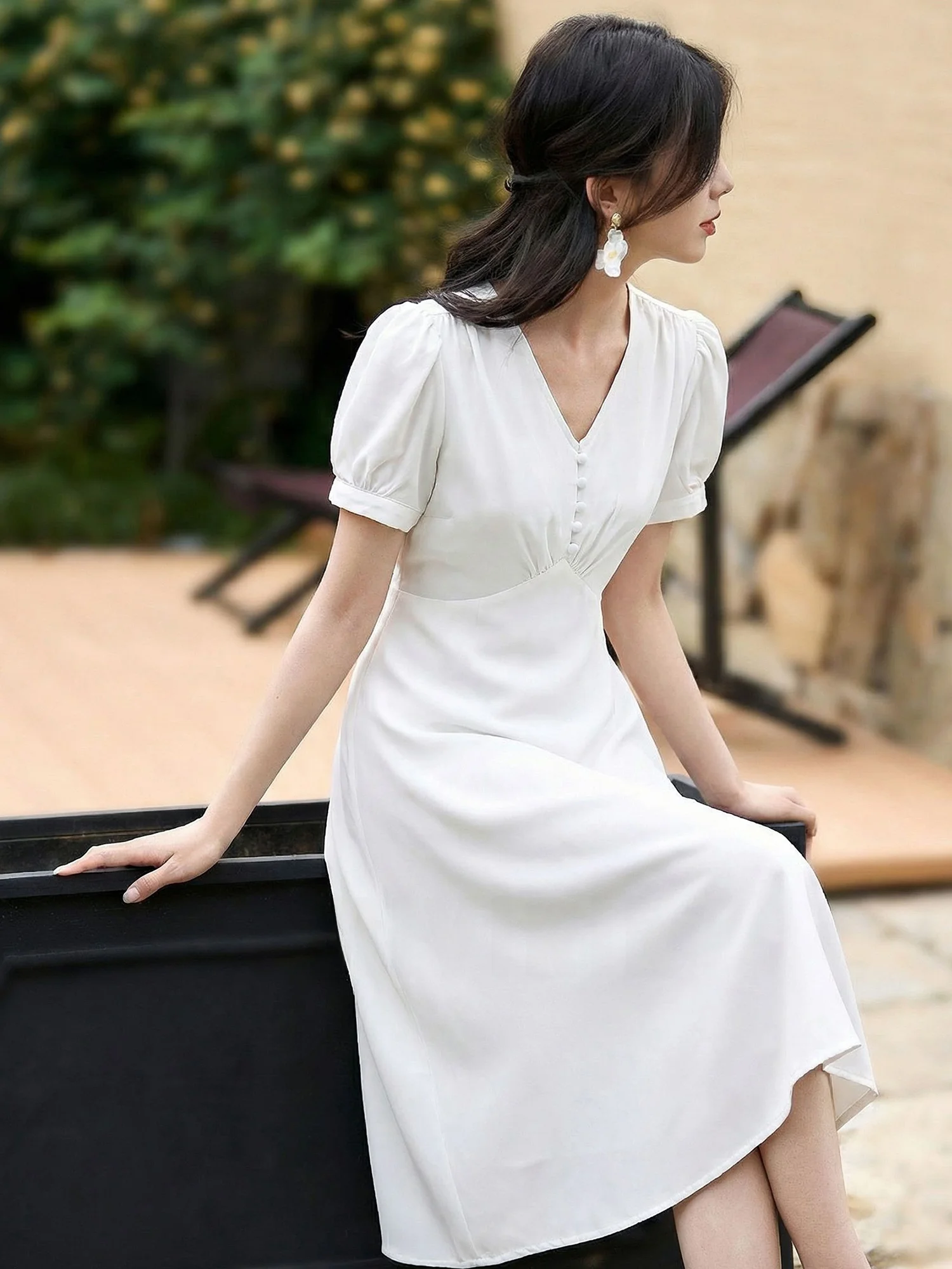 

Летнее платье Chivirin из ацетата с V-образным вырезом и рукавами-фонариками, женское, с коротким рукавом, приталенное, А-силуэт, повседневное, из полиэфирного волокна