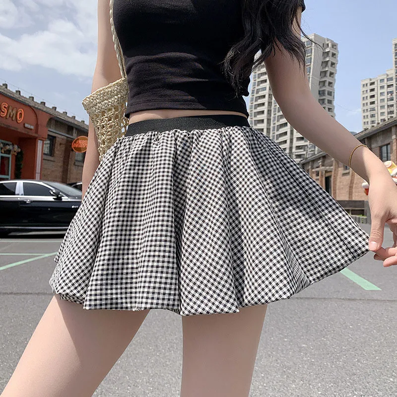Vintage Plaid Bubble Mini Skirt Women Y2K Ruffle Hem Elastic Waist Puffy Short Skirts Woman Sweet Cute A-Line Balloon Skirt