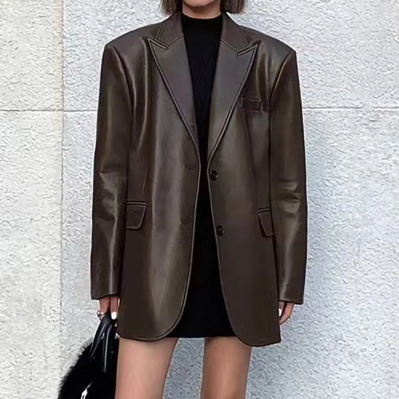 Fashion Women Real Leather Outwear Button Spring Autumn Outfit Female Sheppskin Leather Jacket