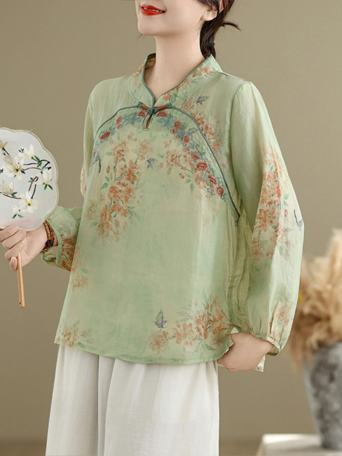 

Женская вышитая китайская блузка Ele: весенне-осенняя, свободного кроя, с длинным рукавом, с принтом, в традиционном стиле дзен для чайной церемонии