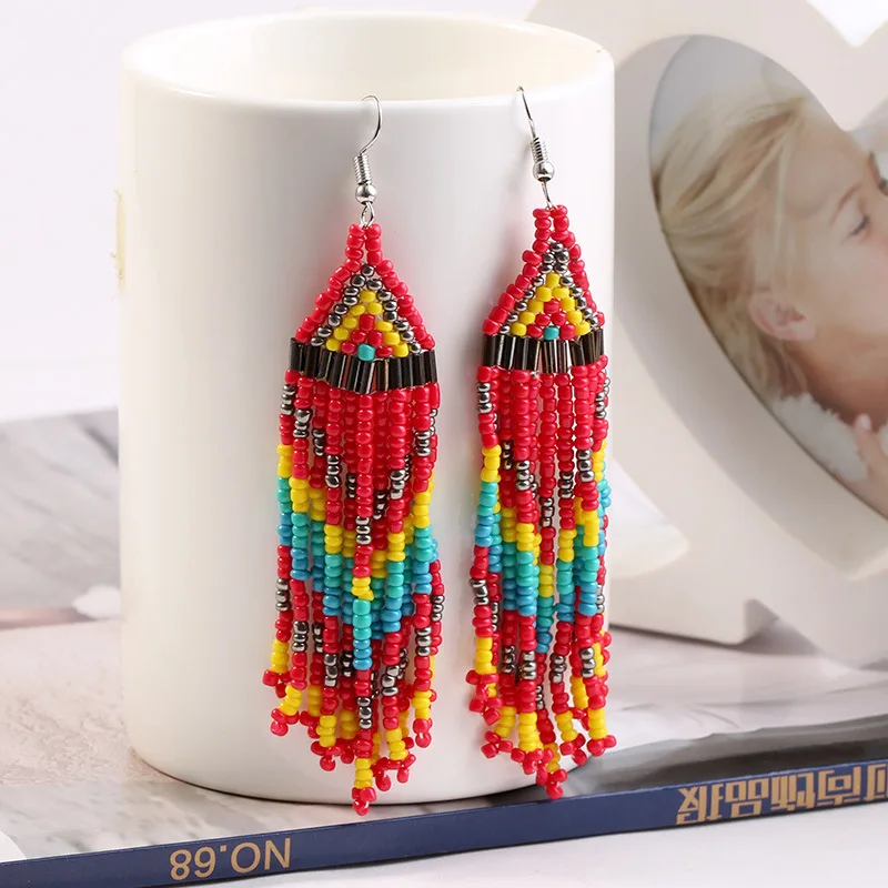 Kymyad Bohemian Beaded Drop Earrings Ethnic Long Earring Retro Handmade Beads  Earrings Tassel Chains Earings Fashion Jewelry