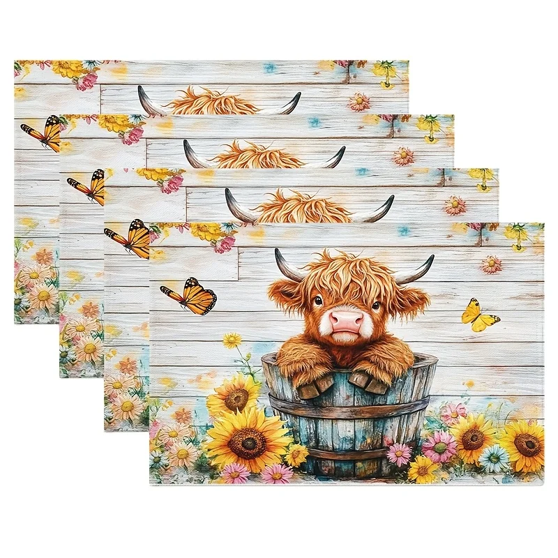 

Washable Highland Cow Placemats | Farmhouse Style Table Mats with Charming Calf & Floral Design for Kitchen & Dining Decor