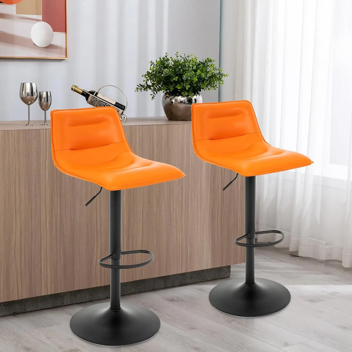 Living Adjustable Bar Stools Set of 2, Modern PU Leather Swivel Counter Height Barstools with Back, Armless Airlift Curved Bar C