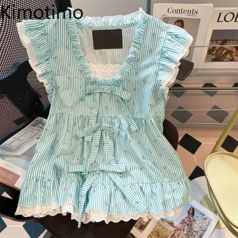 Kimotimo Sweet Cherry Striped Flying Sleeve Shirt Women Summer Patchwork Lace Bow Slim Design Tops Fashion Bandage Y2k Blouse