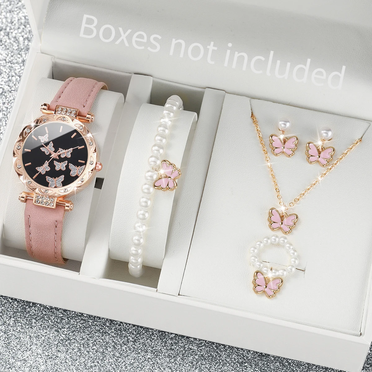 6pcs/set Fashion Butterfly Dial Women Watches Rhinestone Leather Band Quartz Watch Pearls Butterfly Jewelry Set(Without Box)