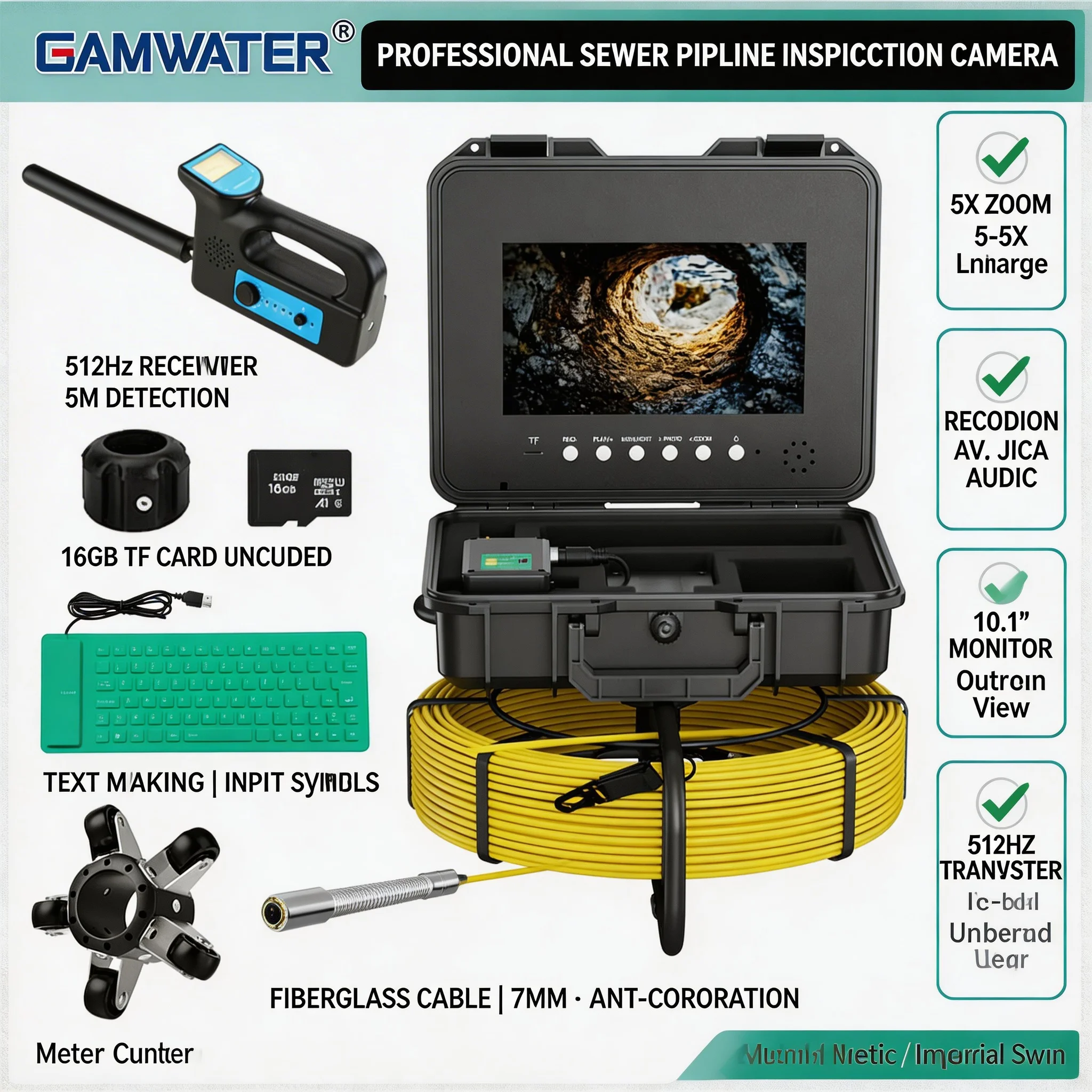 

10.1" IPS DVR Sewer Camera 30M 7mm 512Hz Locator AHD 1080P Self-Leveling Borescope Meter Counter Keyboard 16GB TF Drain Pipe