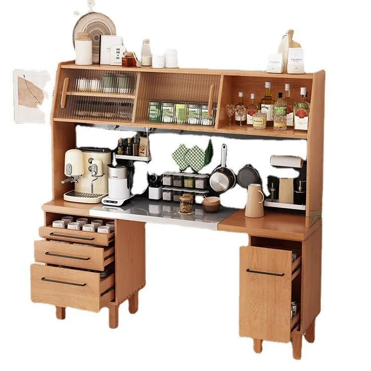 Nordic all-solid wood dining side cabinet, dining table integrated, small apartment tea cabinet against the wall