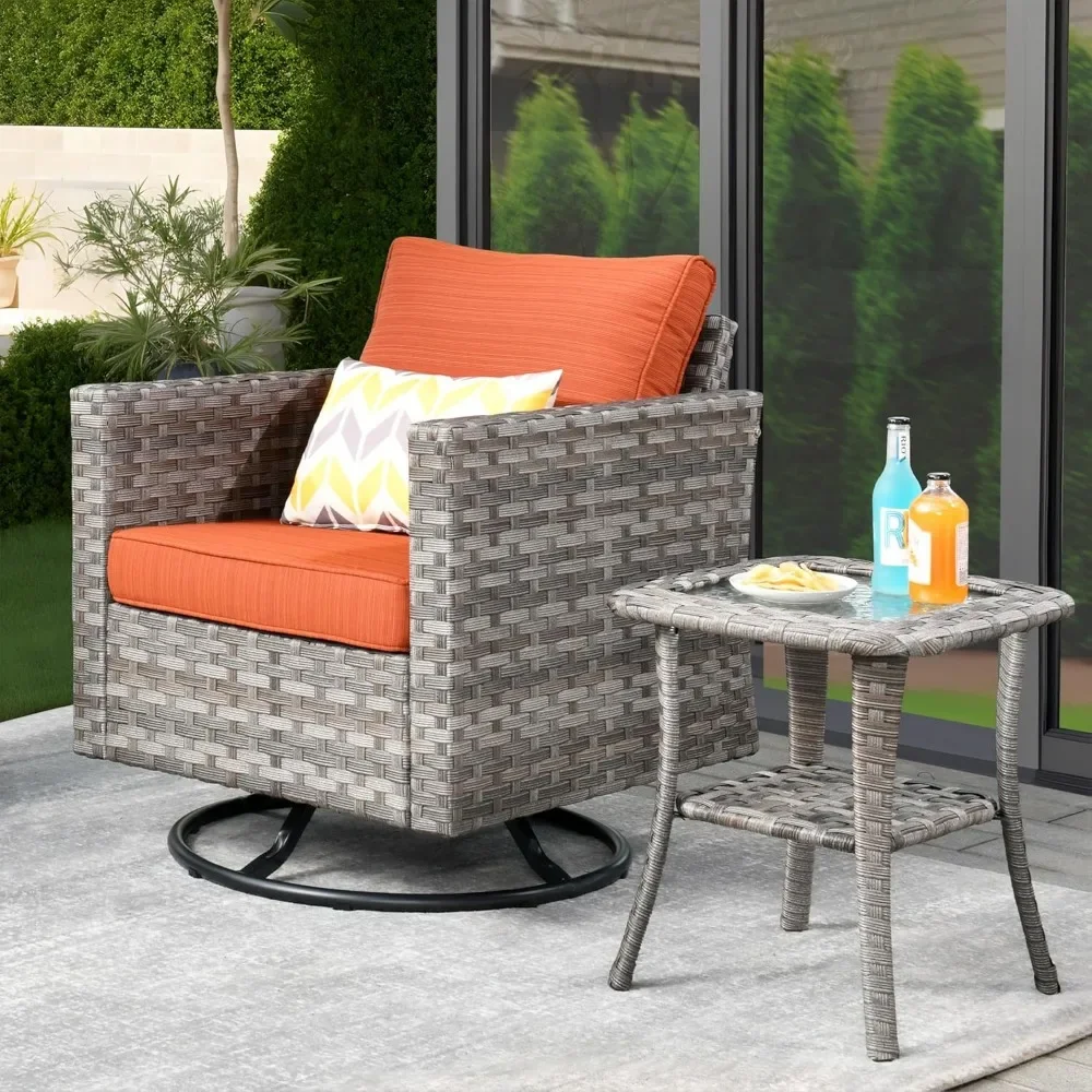 

2 Pieces Patio Rocking Chair Set with Side Table, Outdoor Wicker Rattan Chair with Glass Table, Comfy Cushions