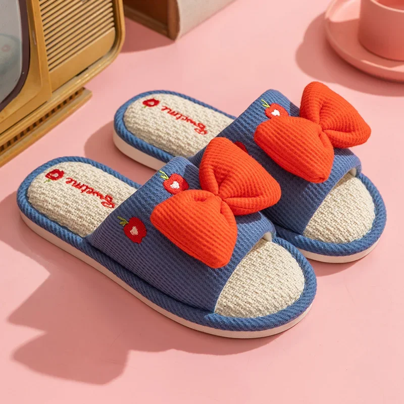 Damen Sommer-Freizeit-Leinenpantoffeln mit Cartoon-Mehrfarben-Schleife, Rutschfeste Slip-On-Hausschuhe für Mädchen, Niedliches Einfaches Design – Detail 2