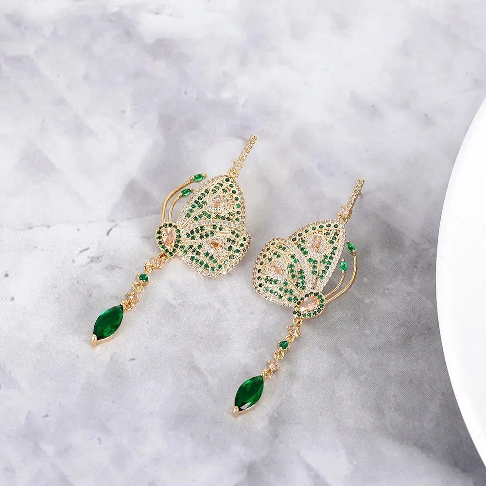 Green Zircon Butterfly Shape Fringed Odette Earrings Luxury High-End Feel Supernatural Sweet Socialite Style Ear Jewelry