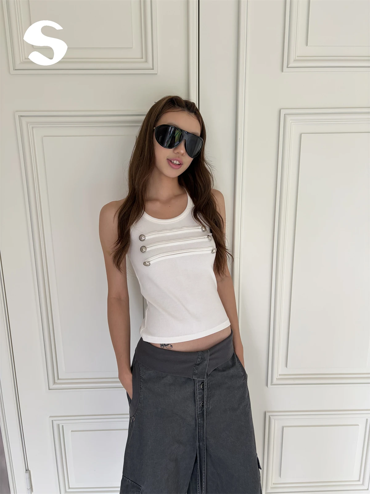 Summer Napoleonic White Sleeveless Short Vest Top Women's Outerwear Sleep at 11 Brand U-neck H-type Vest Pure Color B-grade S...
