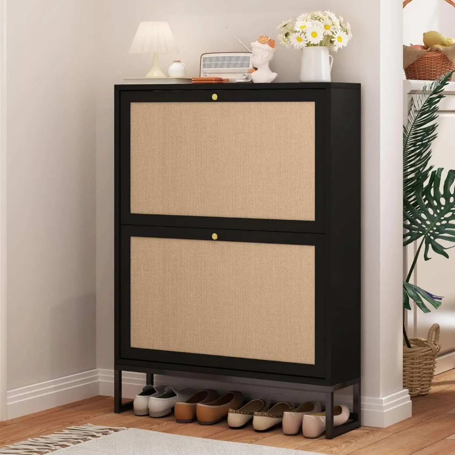 

Narrow Shoe Cabinet with 2 Flip Drawer, Freestanding Shoe Organizer Shoe Cabinet Storage for Entryway, Slim Shoe Storage