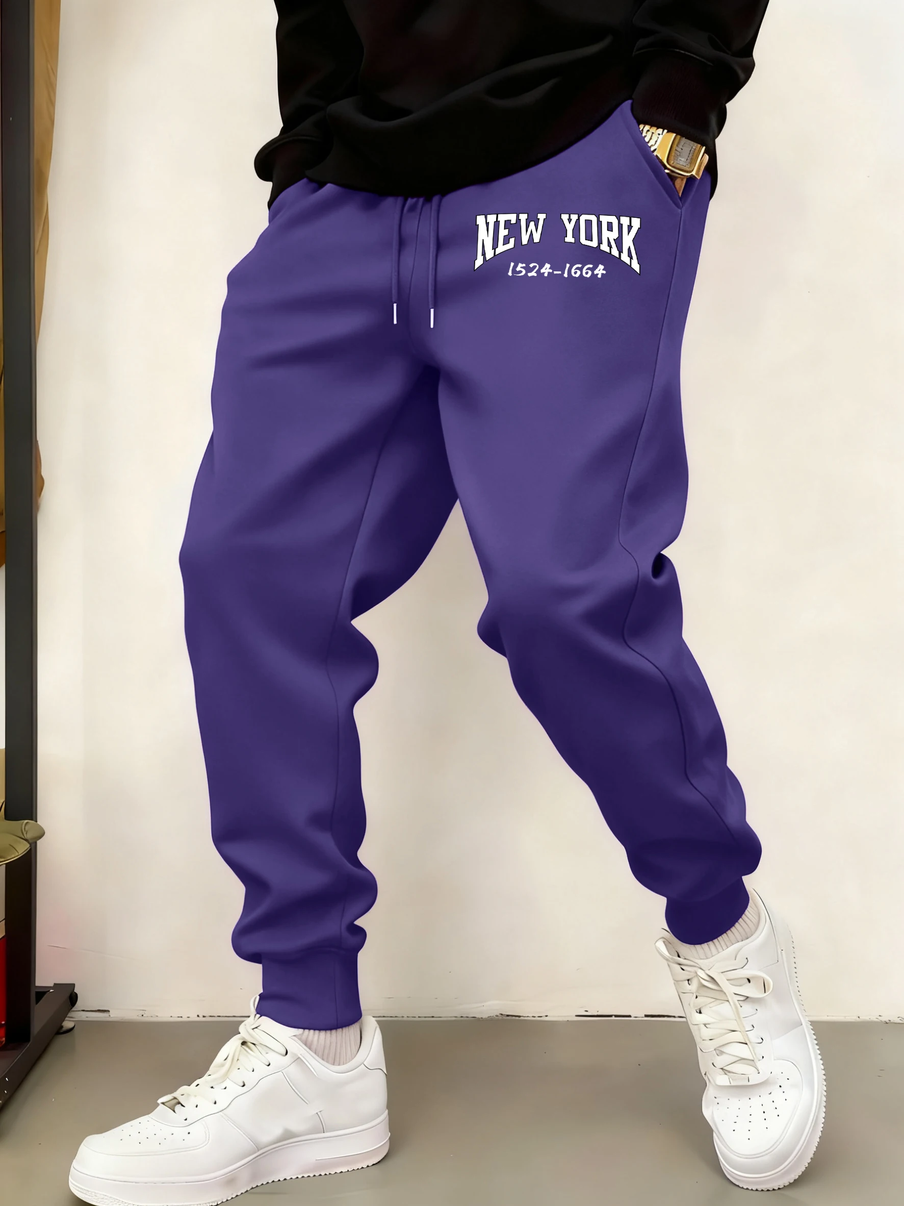 

New York 1524-1664 Printing Basics Long Pant Men Pocket Autumn Britches Elastic Waist Fleece Sportpants Trendy Street Trousers