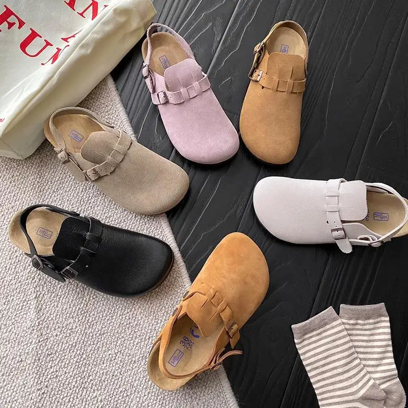 Flat Shoes Female Mules For Women 2023 Ladies\' Slippers Beige Heeled Sandals Low Cover Toe Loafers Square heel Platform Black