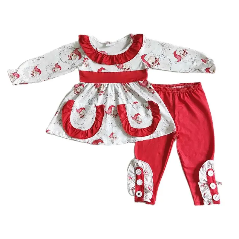 Baby Girl Christmas Clothing Long Sleeve Santa Claus Ruffle Pocket Red Cotton Pants Set Wholesale Infant Kid Fashion New Clothes