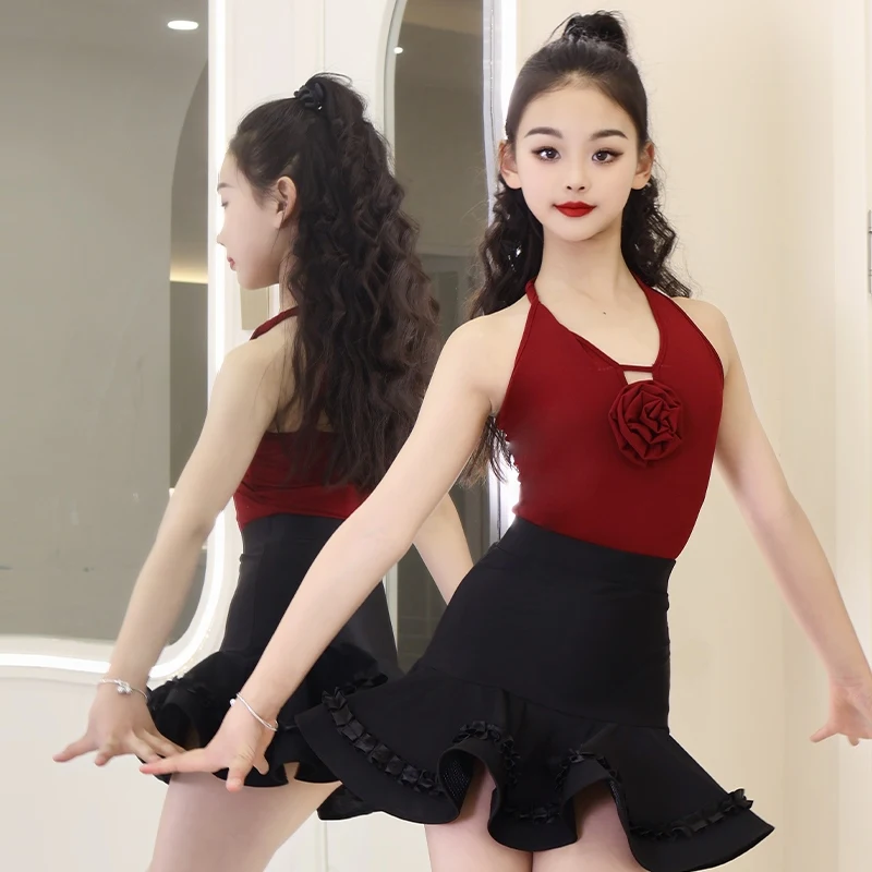 

Latin Dance Clothing Girls Samba Dancing Costume Children Modern Line Dance Clothing Cha Cha Dance Practice Split Suit XH2826