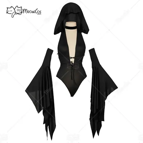 MEOWCOS 여성용 바디 슈트 고딕 후드 Onesie 할로윈 코스프레 의상 벨 슬리브 포함